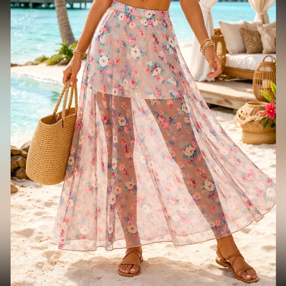 Farm Rio Floral Sheer Half Lined Maxi Skirt Size P Small Tan Spring Girly Boho